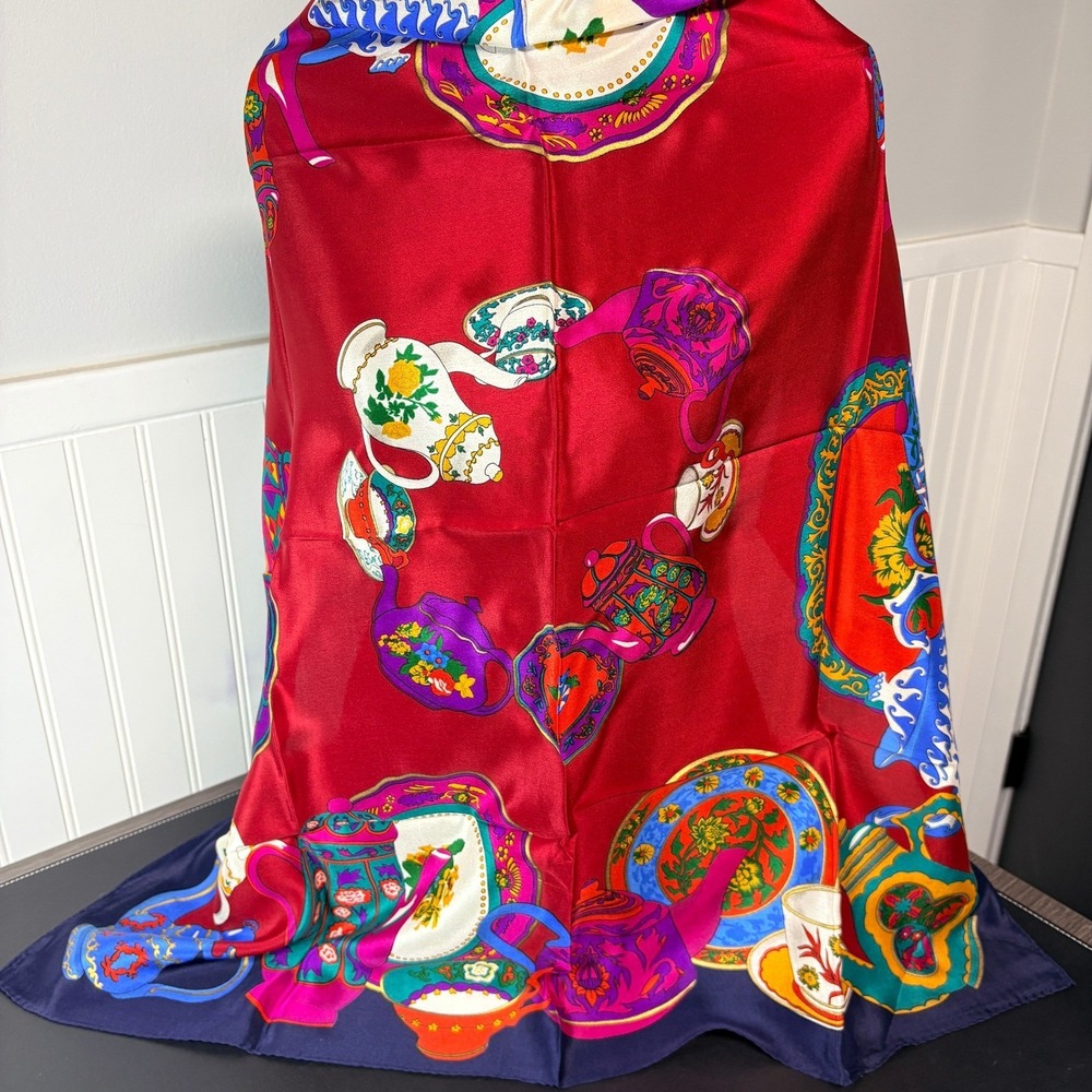 Vintage Liz Claiborne 1991 Silk Scarf Teapot Novelty Print Red Navy 30x30 Japan
